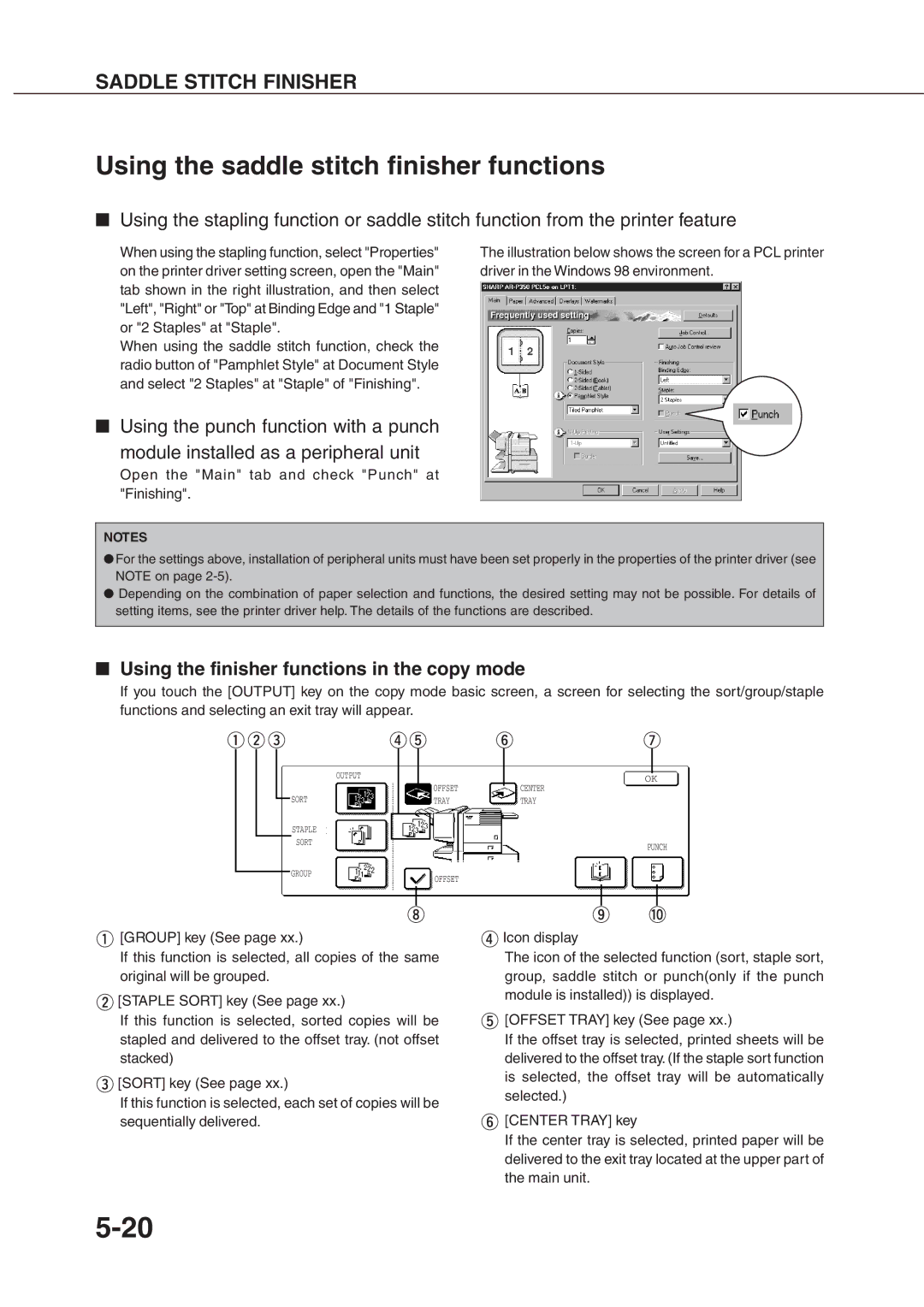 Sharp DM-4551, DM-3551, DM-3501 Using the saddle stitch finisher functions, Using the finisher functions in the copy mode 