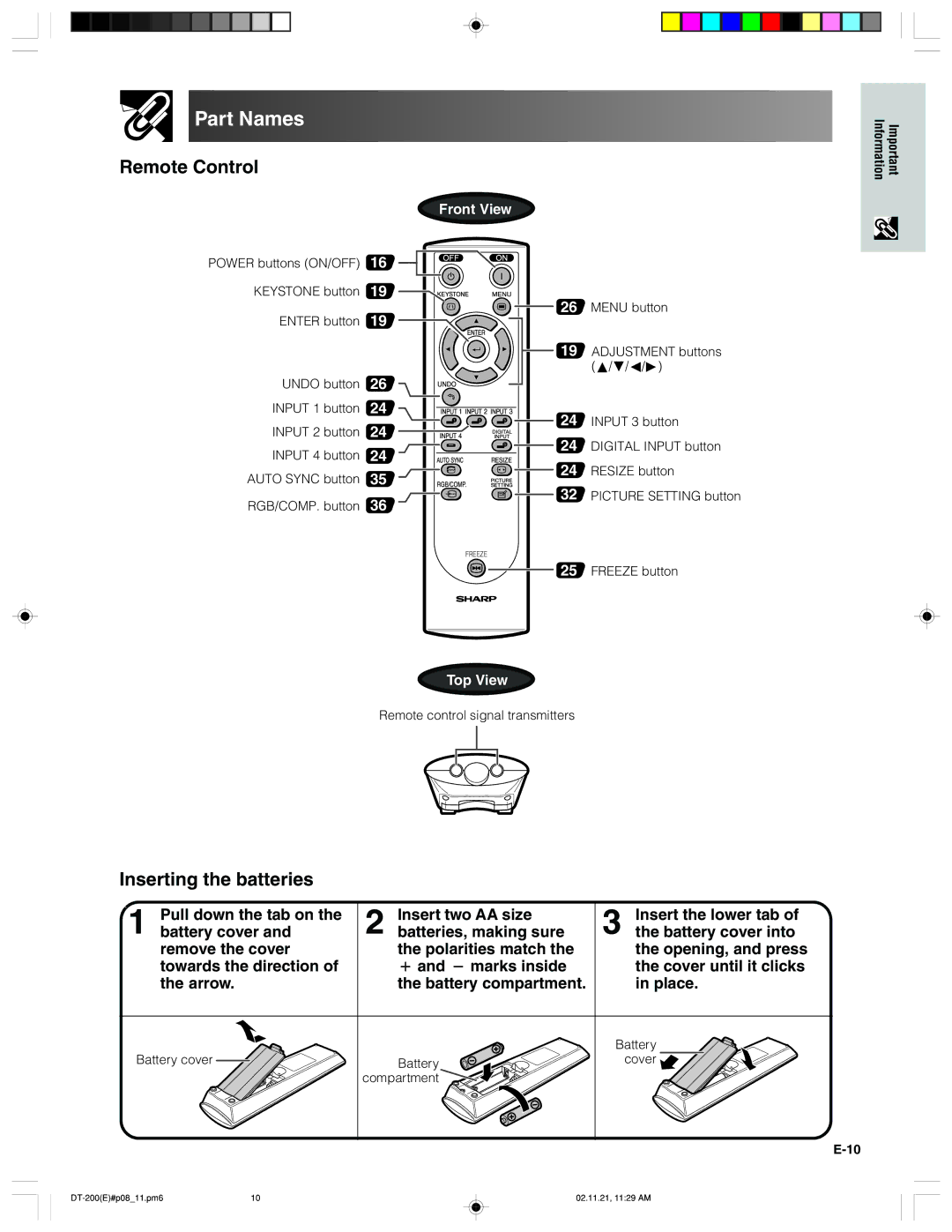 Sharp DT-200 Remote Control, Inserting the batteries, Opening, and press, Battery cover Cover Compartment 