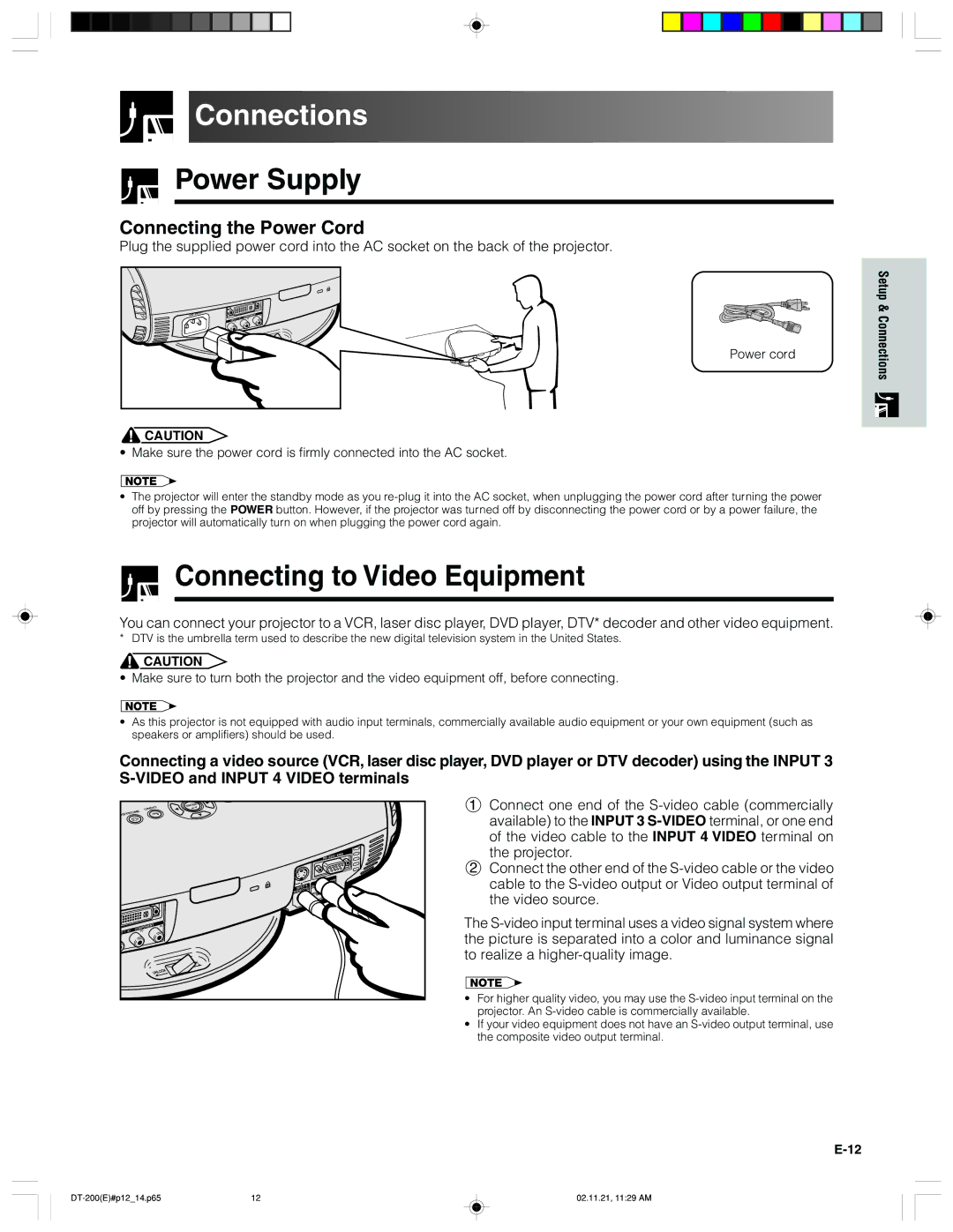 Sharp DT-200 operation manual Connections, Power Supply, Connecting to Video Equipment, Connecting the Power Cord 