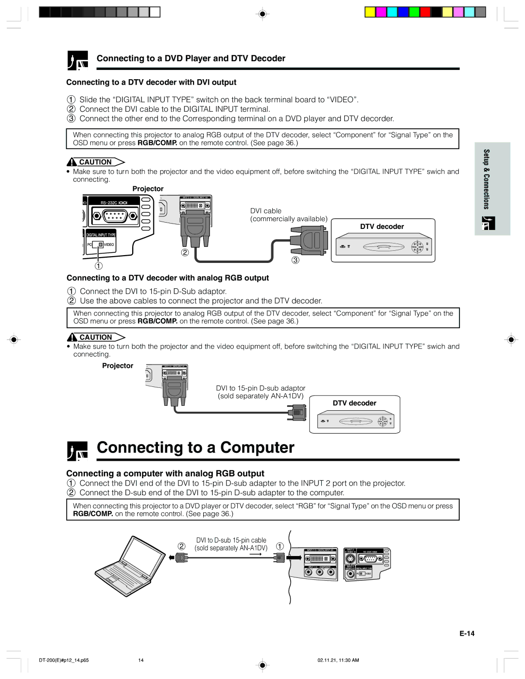 Sharp DT-200 operation manual Connecting to a Computer, Connecting to a DTV decoder with DVI output, Projector 