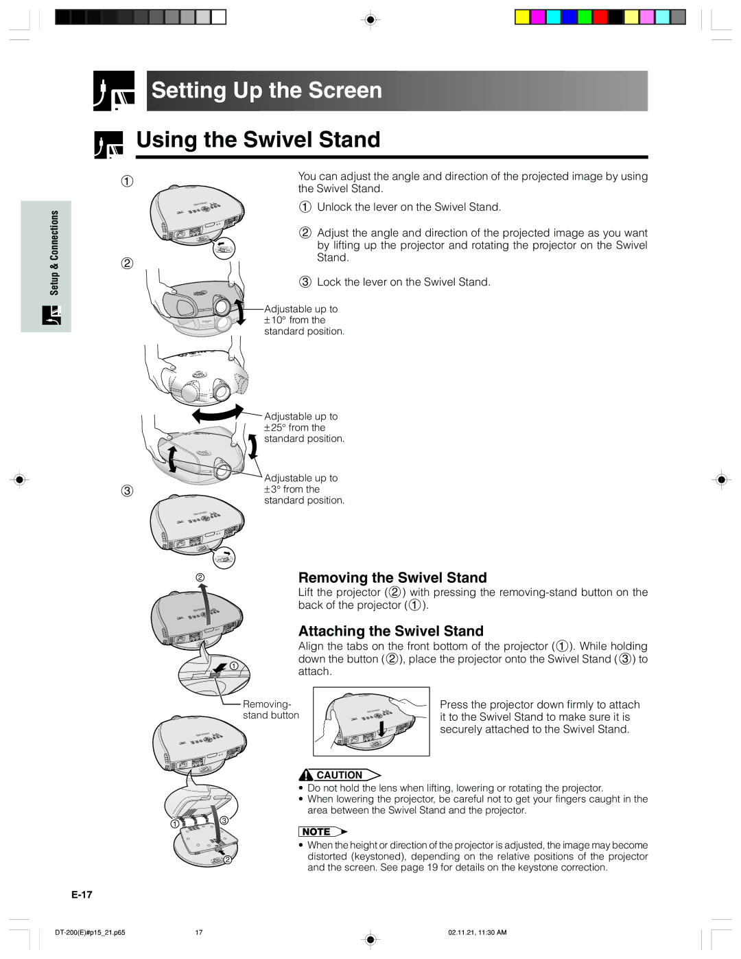 Sharp DT-200 Setting Up the Screen, Using the Swivel Stand, Removing the Swivel Stand, Attaching the Swivel Stand 