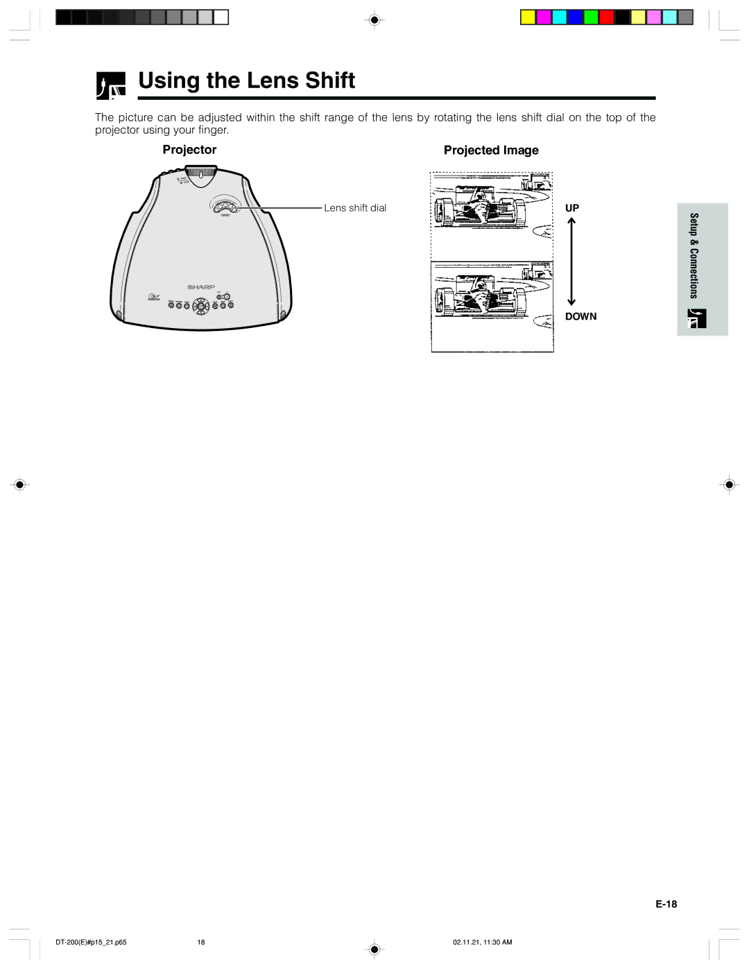 Sharp DT-200 operation manual Using the Lens Shift, Projector Projected Image, Connections 