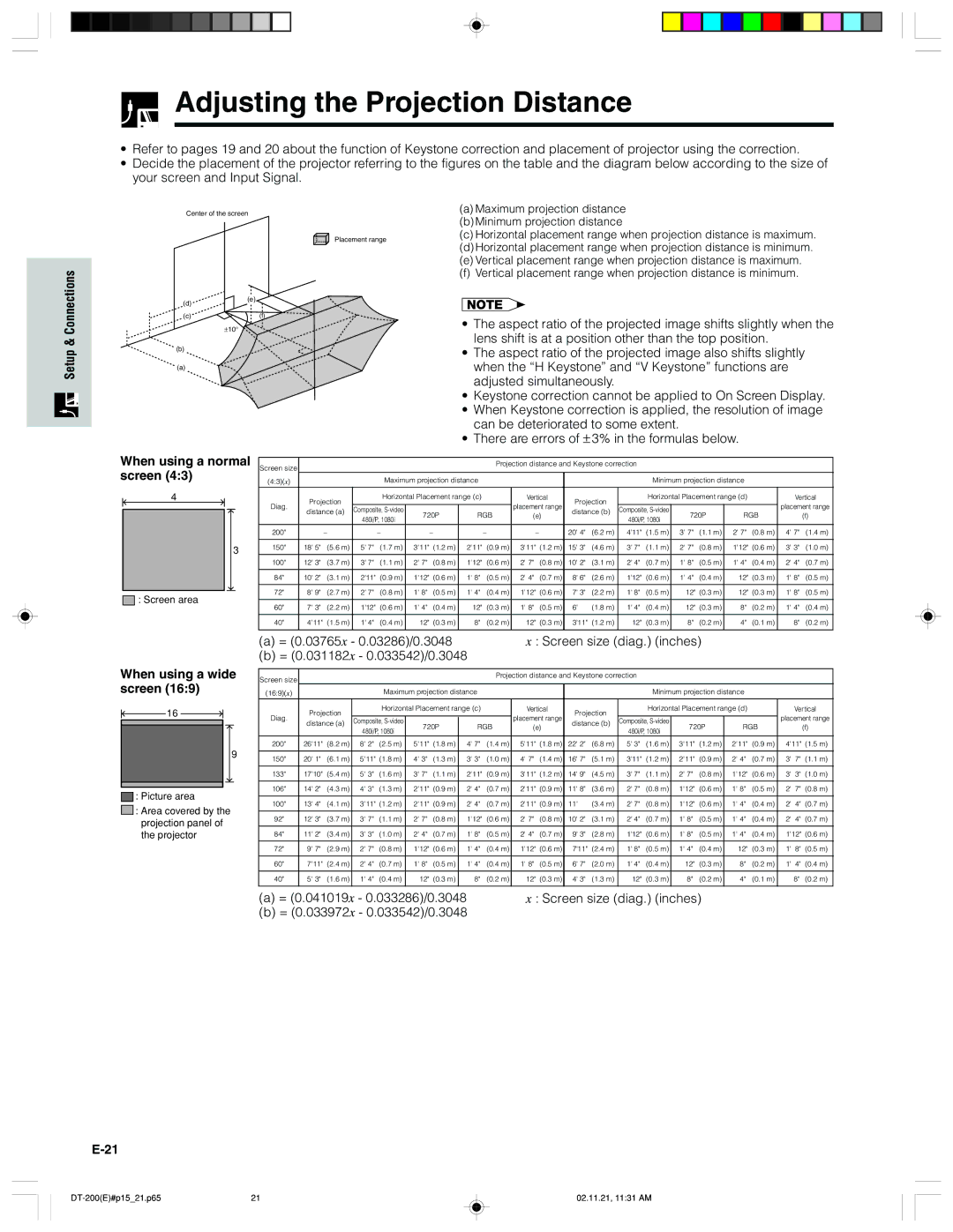 Sharp DT-200 operation manual Adjusting the Projection Distance, When using a normal screen, When using a wide screen 