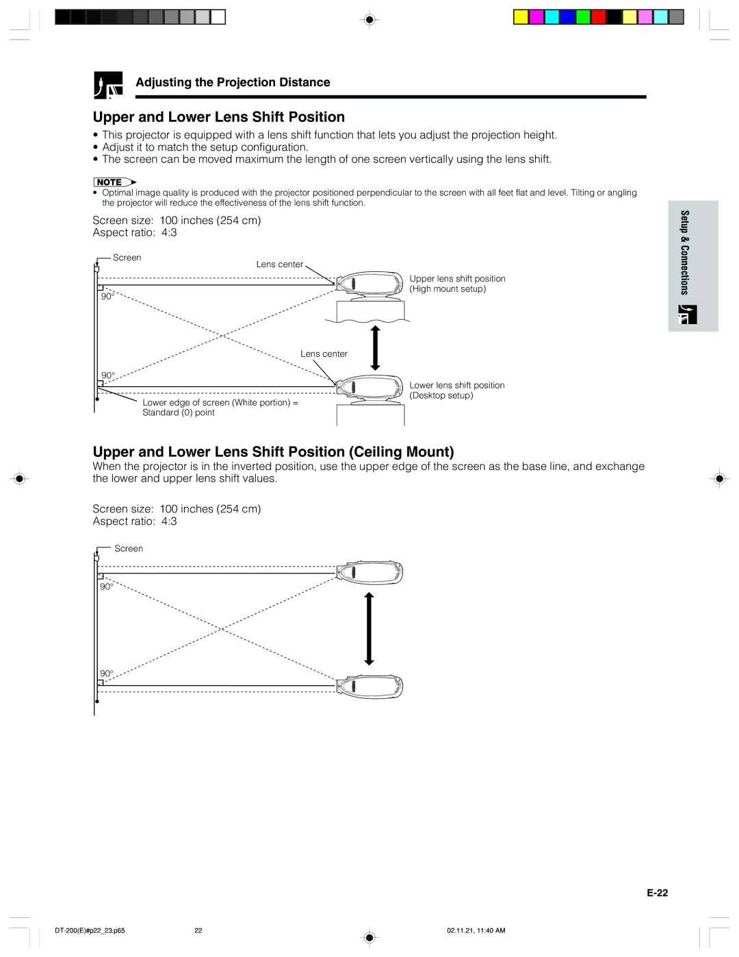 Sharp DT-200 operation manual Upper and Lower Lens Shift Position Ceiling Mount 