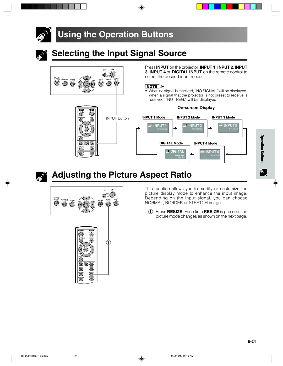 Sharp DT-200 Using the Operation Buttons, Selecting the Input Signal Source, Adjusting the Picture Aspect Ratio 