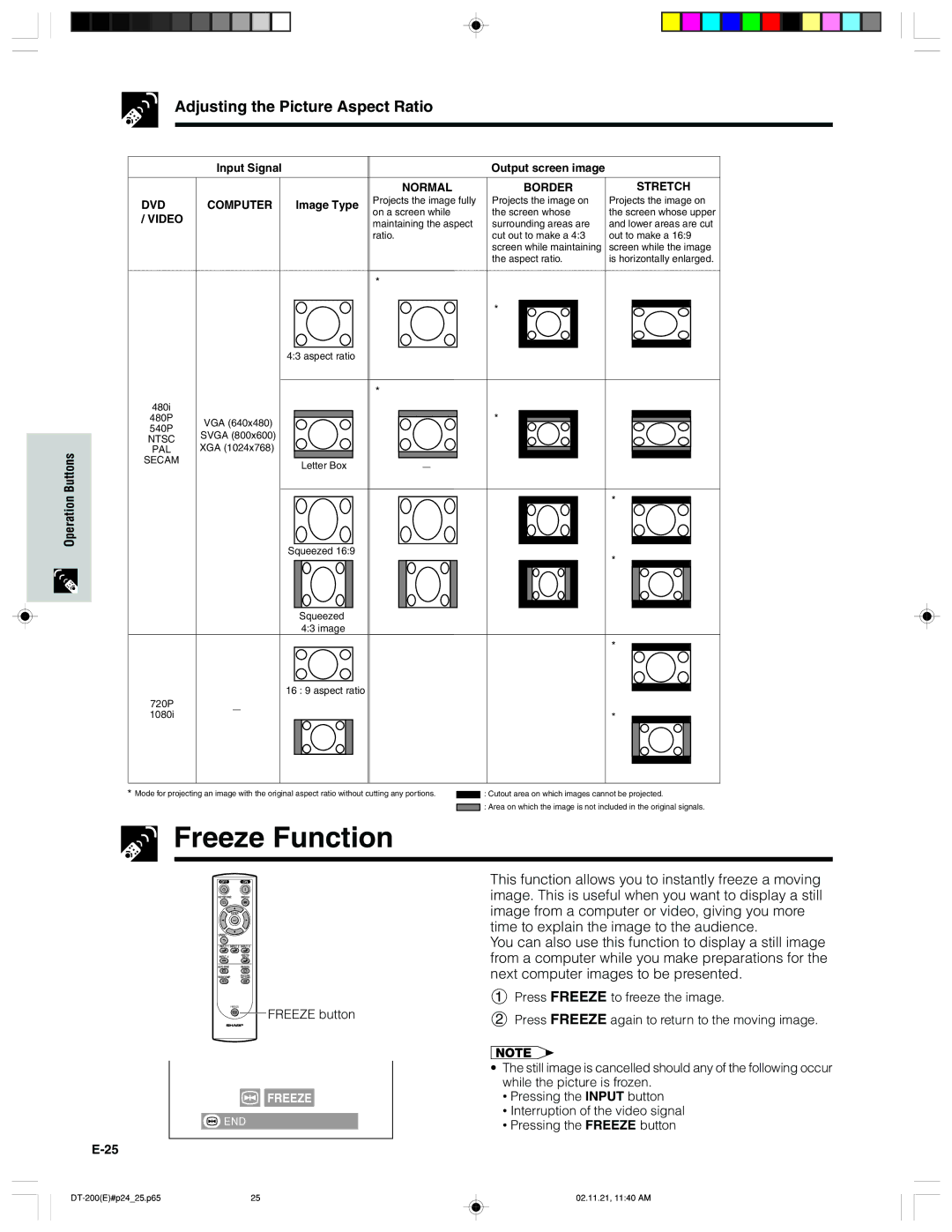 Sharp DT-200 operation manual Freeze Function, ButtonsOperation, Input Signal, Image Type 