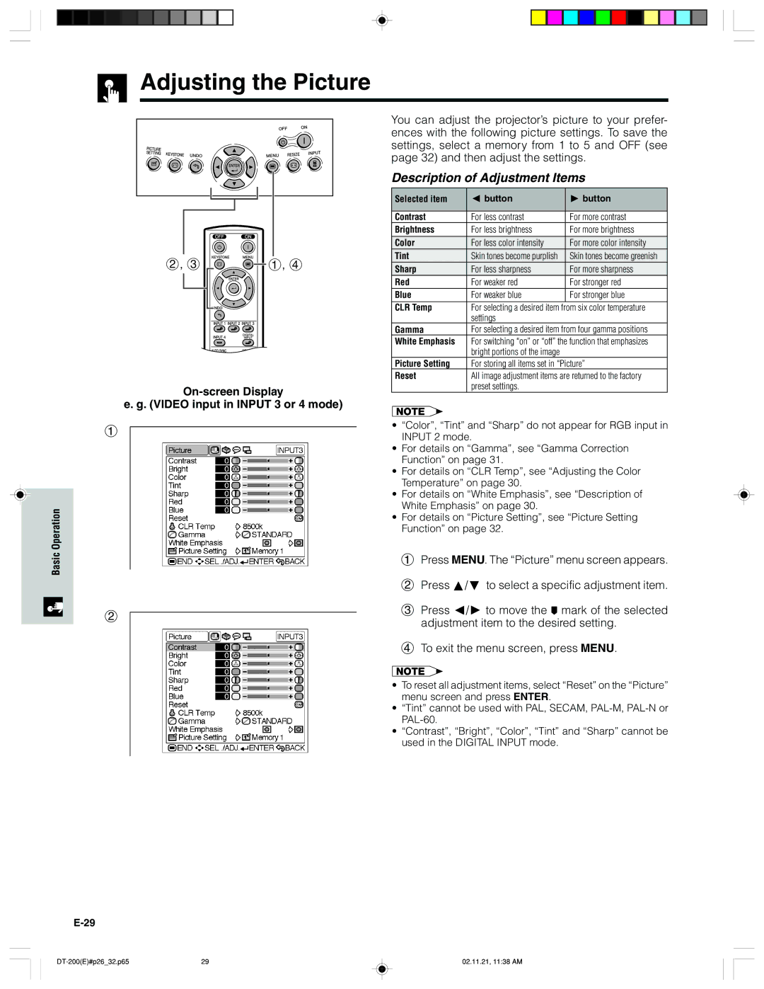 Sharp DT-200 Adjusting the Picture, Description of Adjustment Items, On-screen Display Video input in Input 3 or 4 mode 