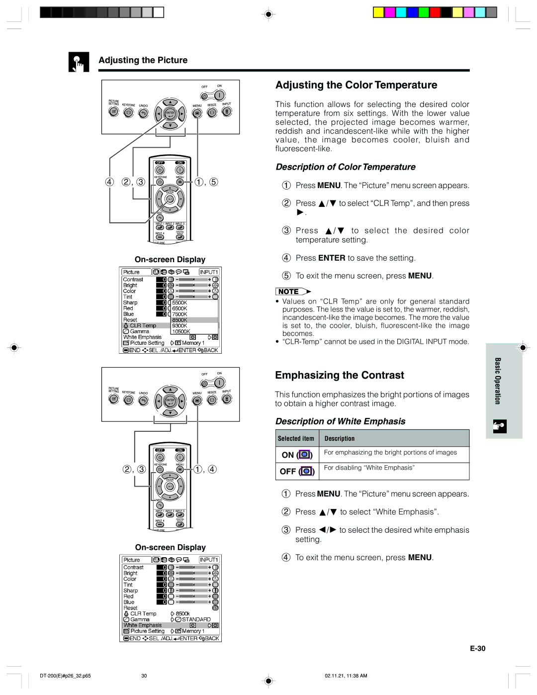 Sharp DT-200 operation manual Adjusting the Color Temperature, Emphasizing the Contrast, Description of Color Temperature 