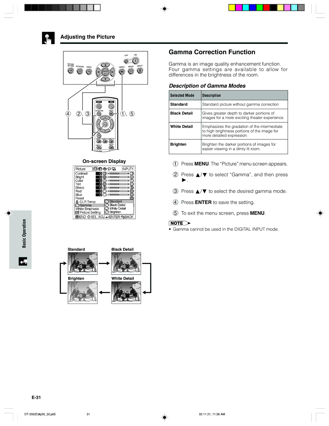 Sharp DT-200 operation manual Gamma Correction Function, Description of Gamma Modes 