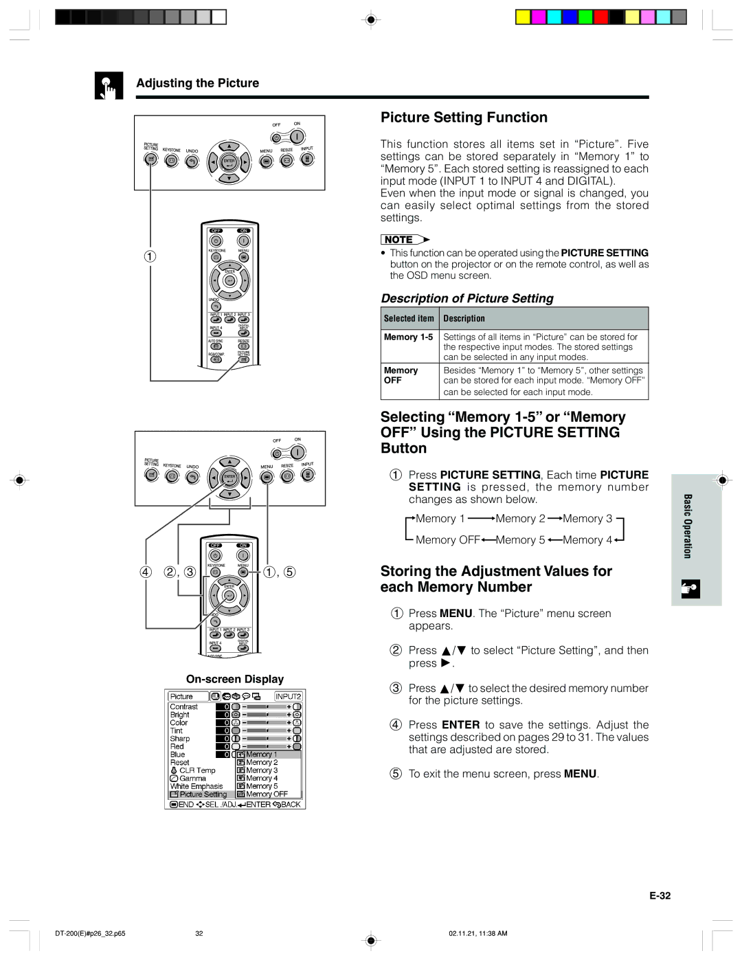 Sharp DT-200 operation manual Picture Setting Function, Storing the Adjustment Values for each Memory Number 