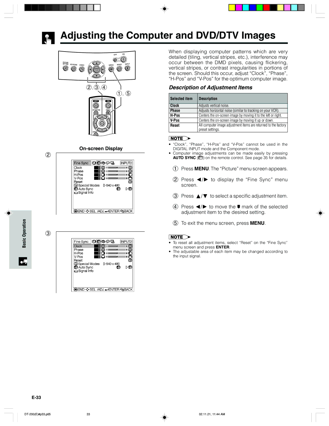 Sharp DT-200 Adjusting the Computer and DVD/DTV Images, Clock Adjusts vertical noise Phase, Pos, Preset settings 