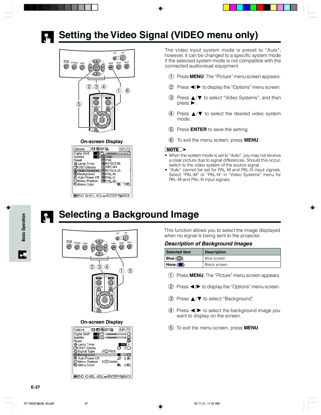 Sharp DT-200 Setting the Video Signal Video menu only, Selecting a Background Image, Description of Background Images 