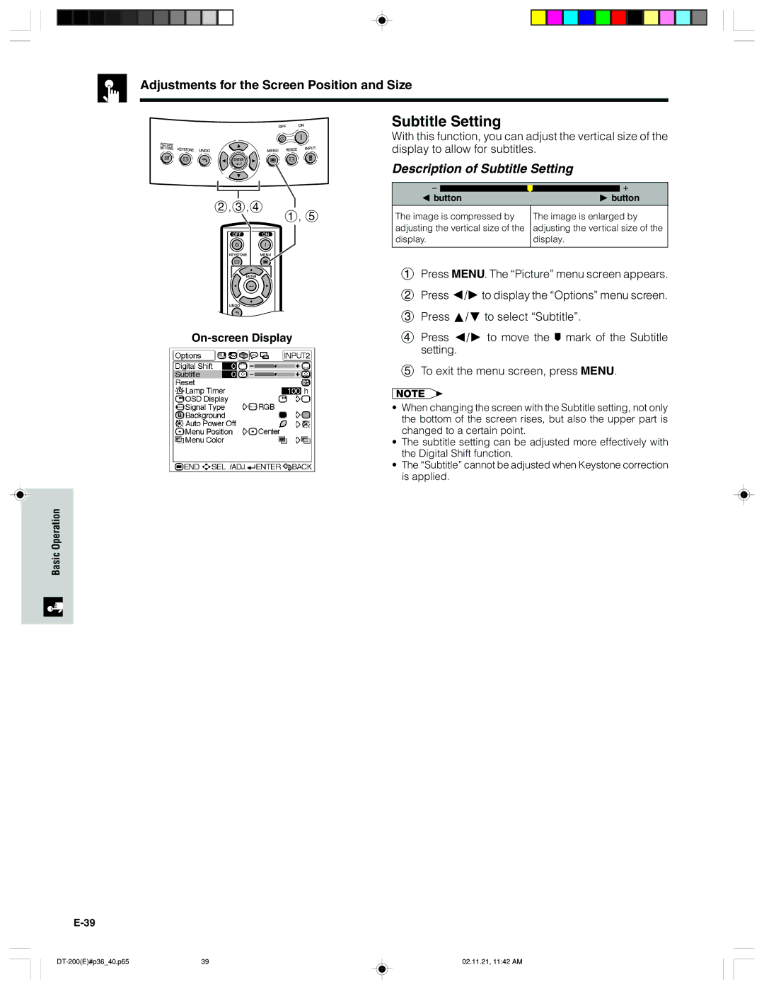 Sharp DT-200 operation manual Description of Subtitle Setting 