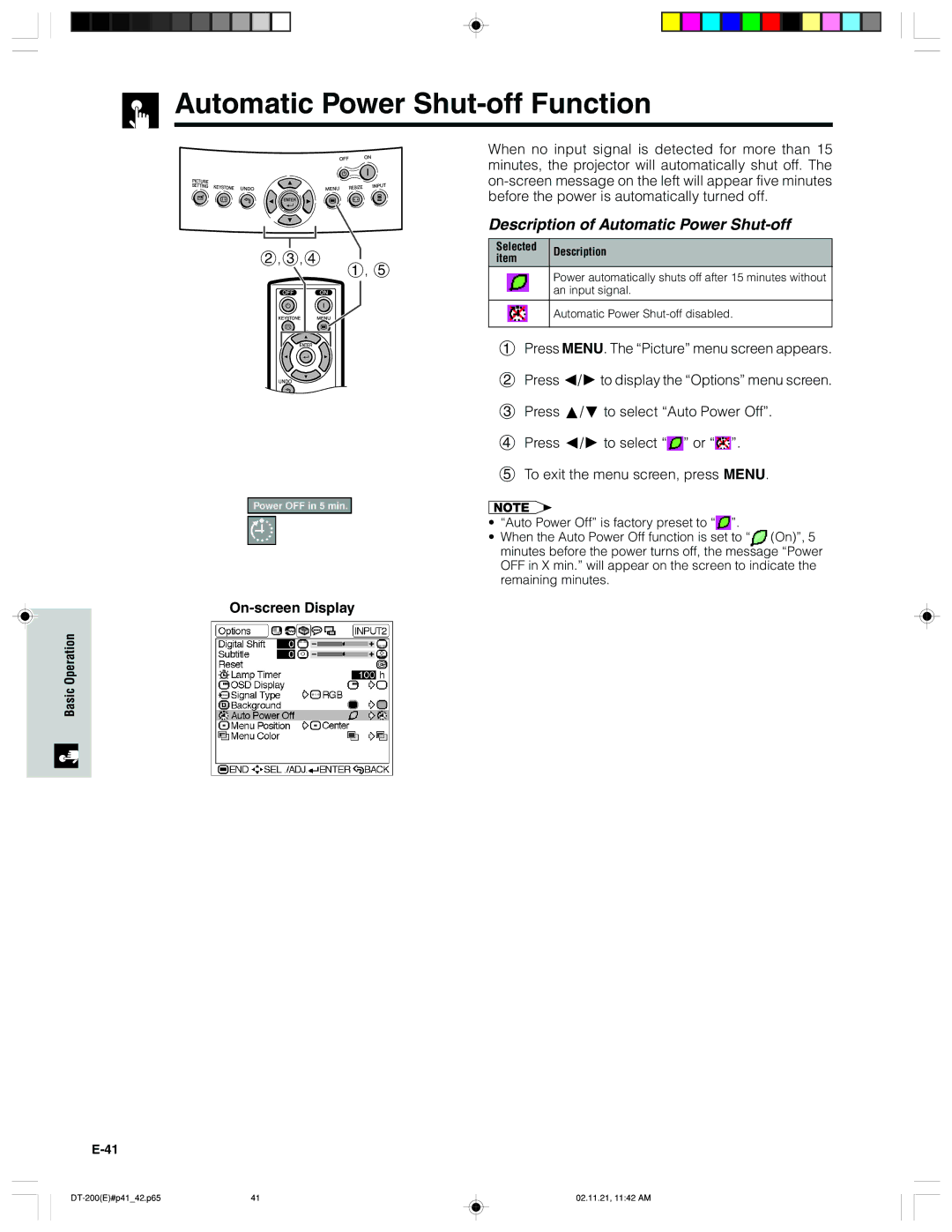 Sharp DT-200 Automatic Power Shut-off Function, Description of Automatic Power Shut-off, Selected Description 