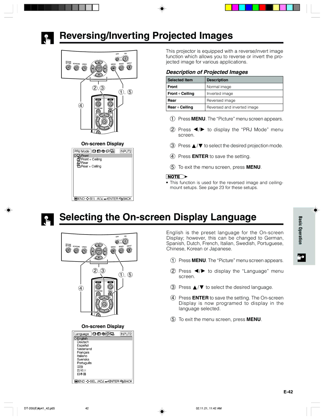 Sharp DT-200 operation manual Reversing/Inverting Projected Images, Selecting the On-screen Display Language 