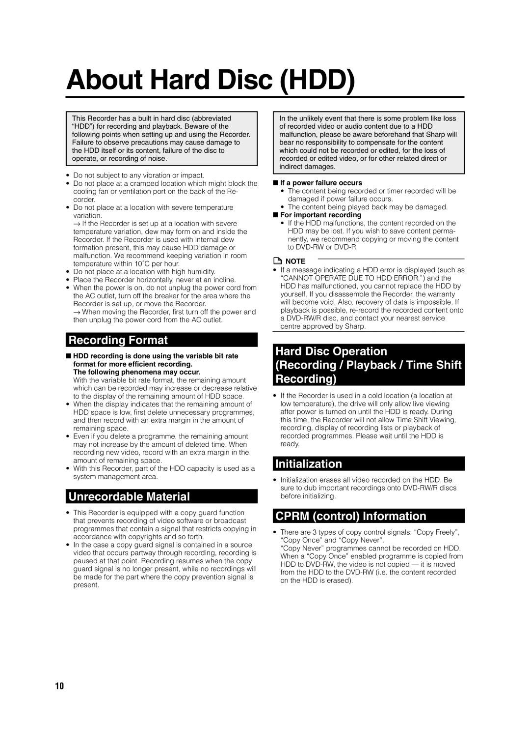 Sharp DV-HR350H, DV-HR300H operation manual About Hard Disc HDD 