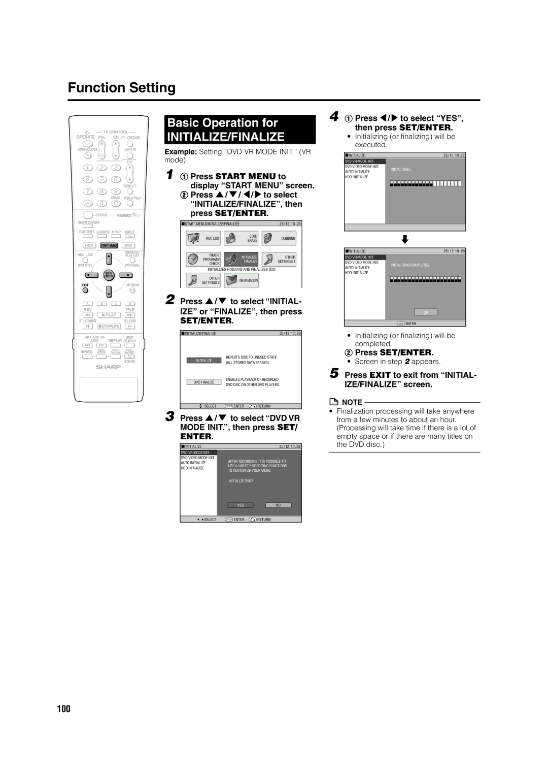 Sharp DV-HR350H, DV-HR300H operation manual Initialize/Finalize, 100 