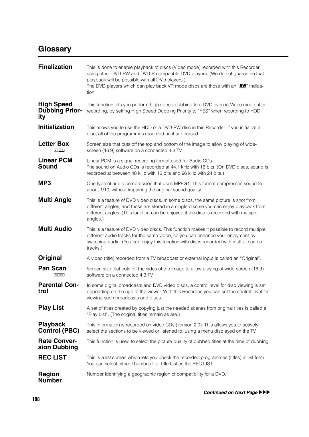 Sharp DV-HR350H, DV-HR300H operation manual Glossary 