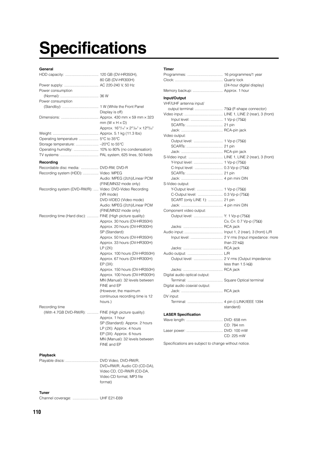 Sharp DV-HR350H, DV-HR300H operation manual Specifications, General 