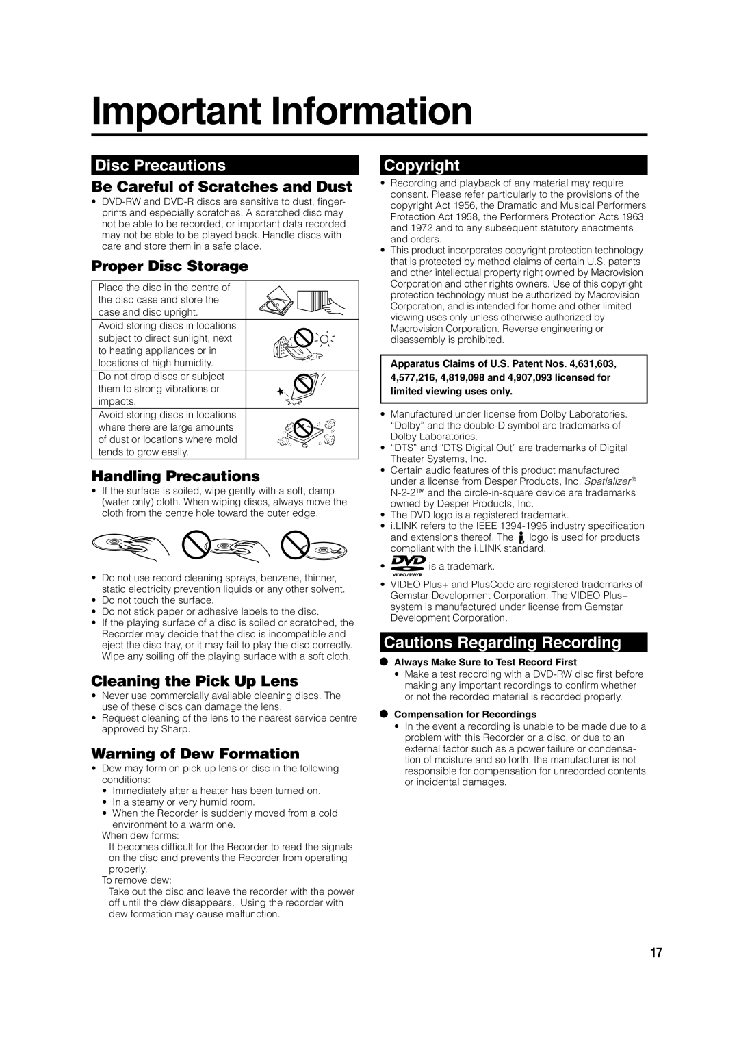 Sharp DV-HR300H, DV-HR350H operation manual Important Information, Disc Precautions, Copyright 