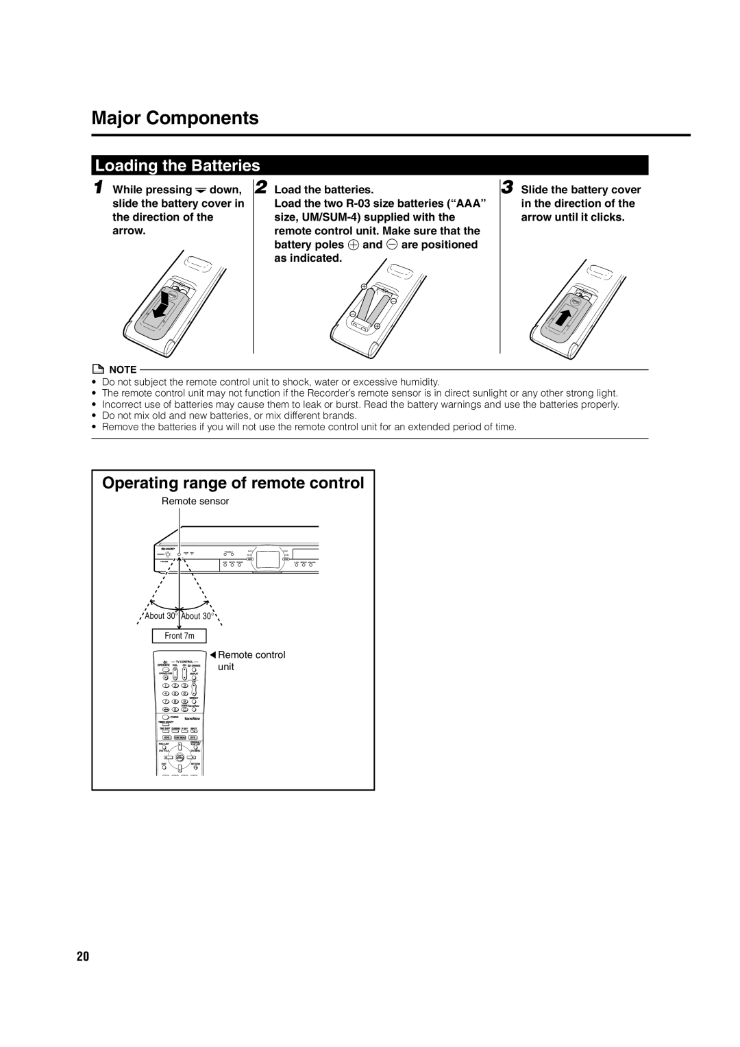 Sharp DV-HR350H, DV-HR300H operation manual Loading the Batteries, Remote sensor 