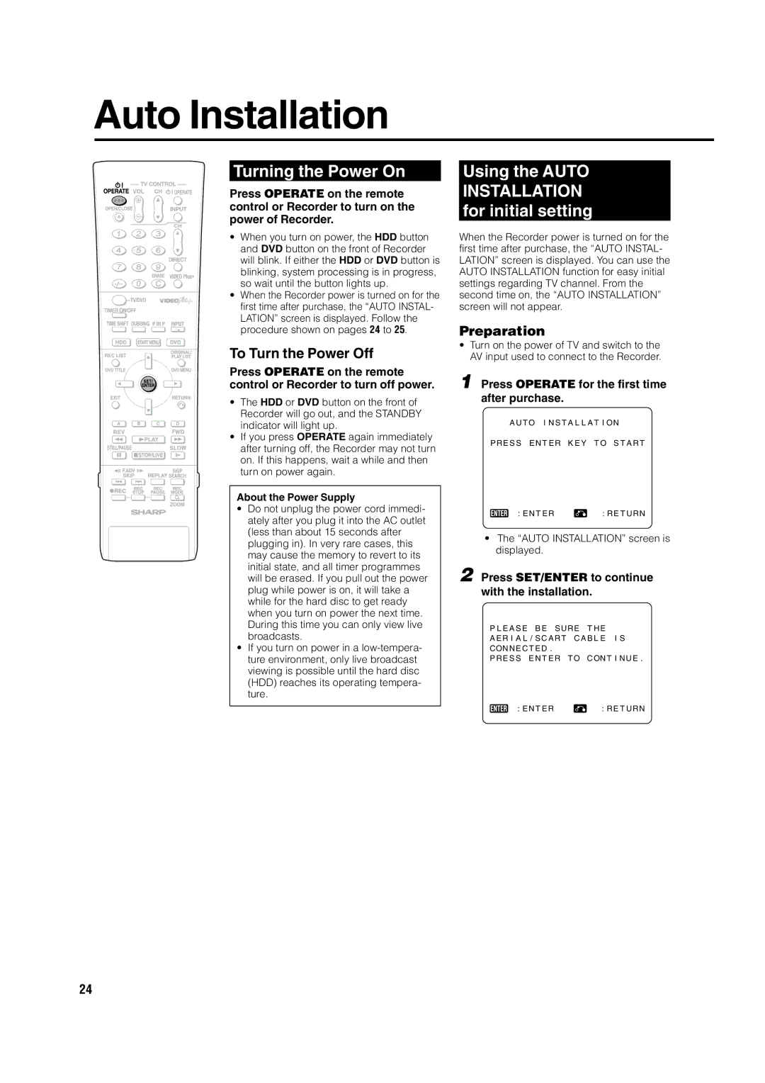 Sharp DV-HR350H Turning the Power On, Using the Auto Installation for initial setting, To Turn the Power Off 