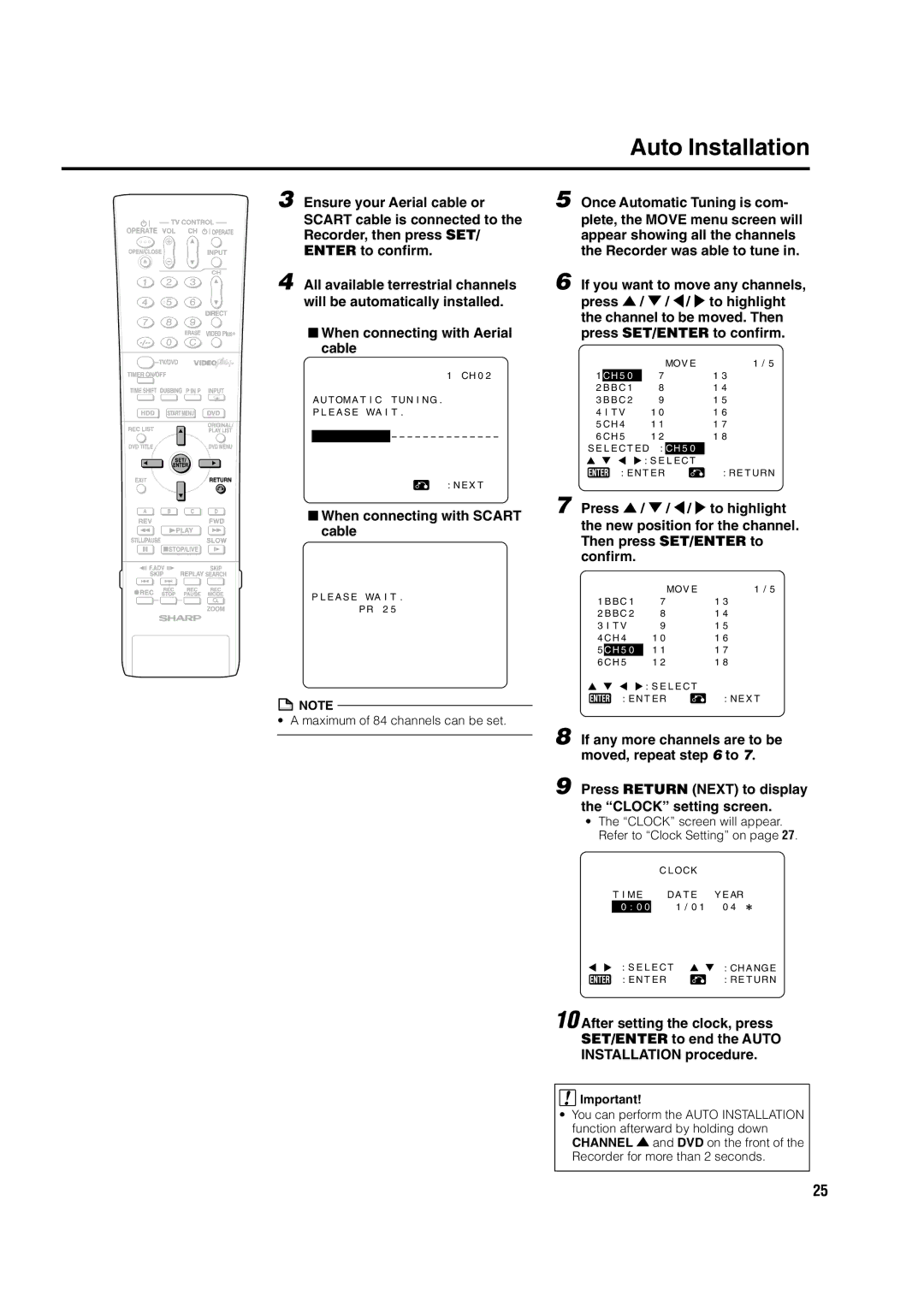 Sharp DV-HR300H, DV-HR350H Auto Installation, When connecting with Aerial, Cable, When connecting with Scart cable 