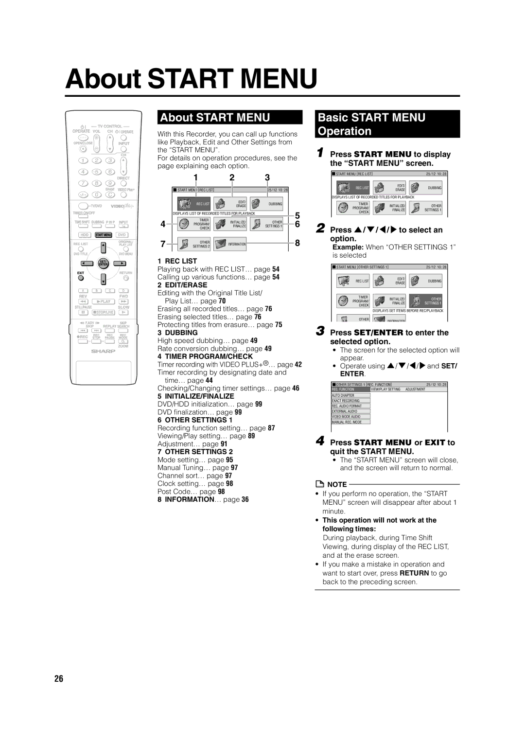 Sharp DV-HR350H, DV-HR300H operation manual About Start Menu, Basic Start Menu Operation 