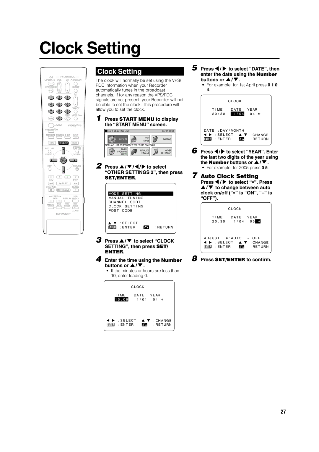 Sharp DV-HR300H, DV-HR350H operation manual Clock Setting, Enter 