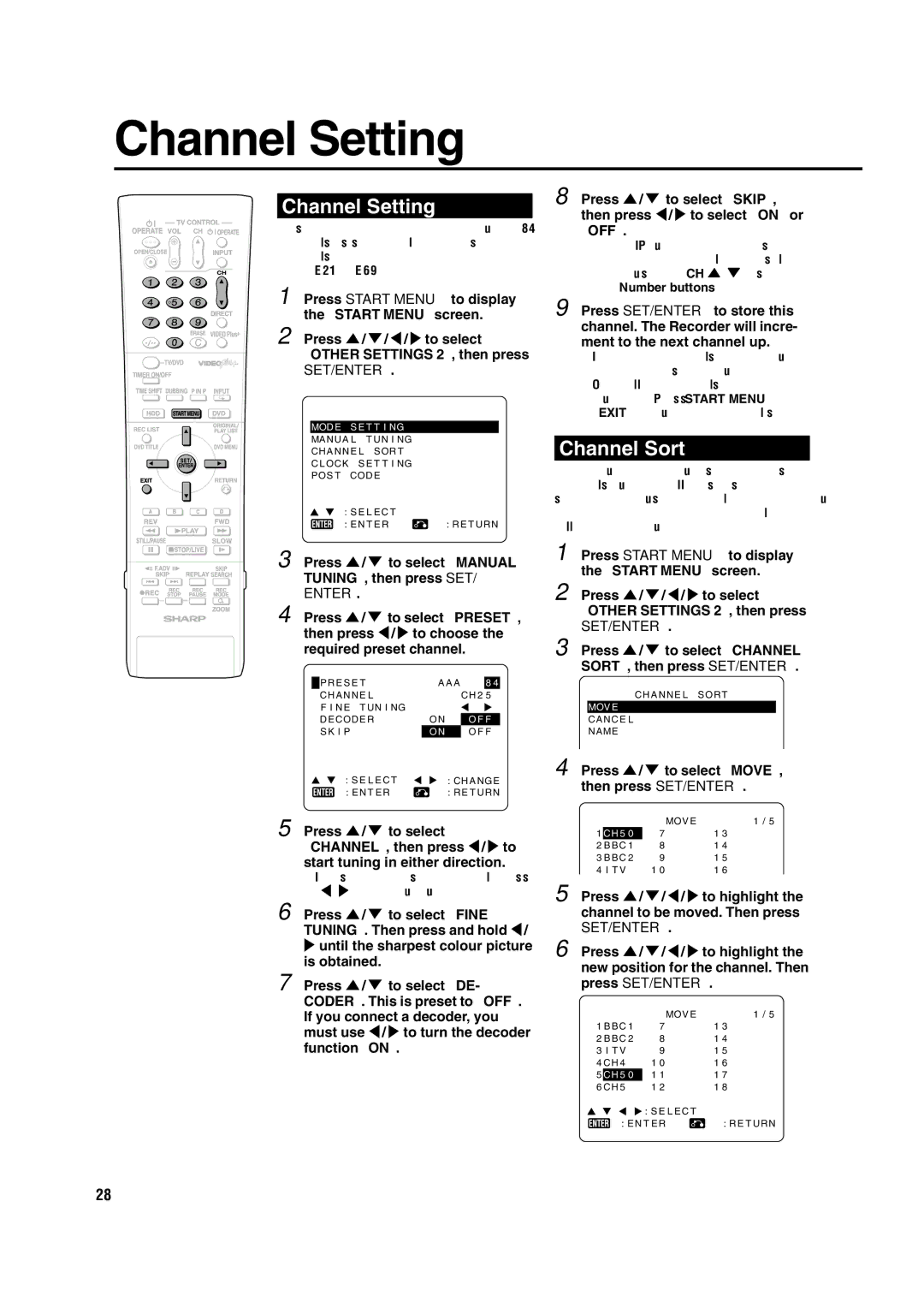 Sharp DV-HR350H, DV-HR300H operation manual Channel Setting, Channel Sort, Set/Enter 