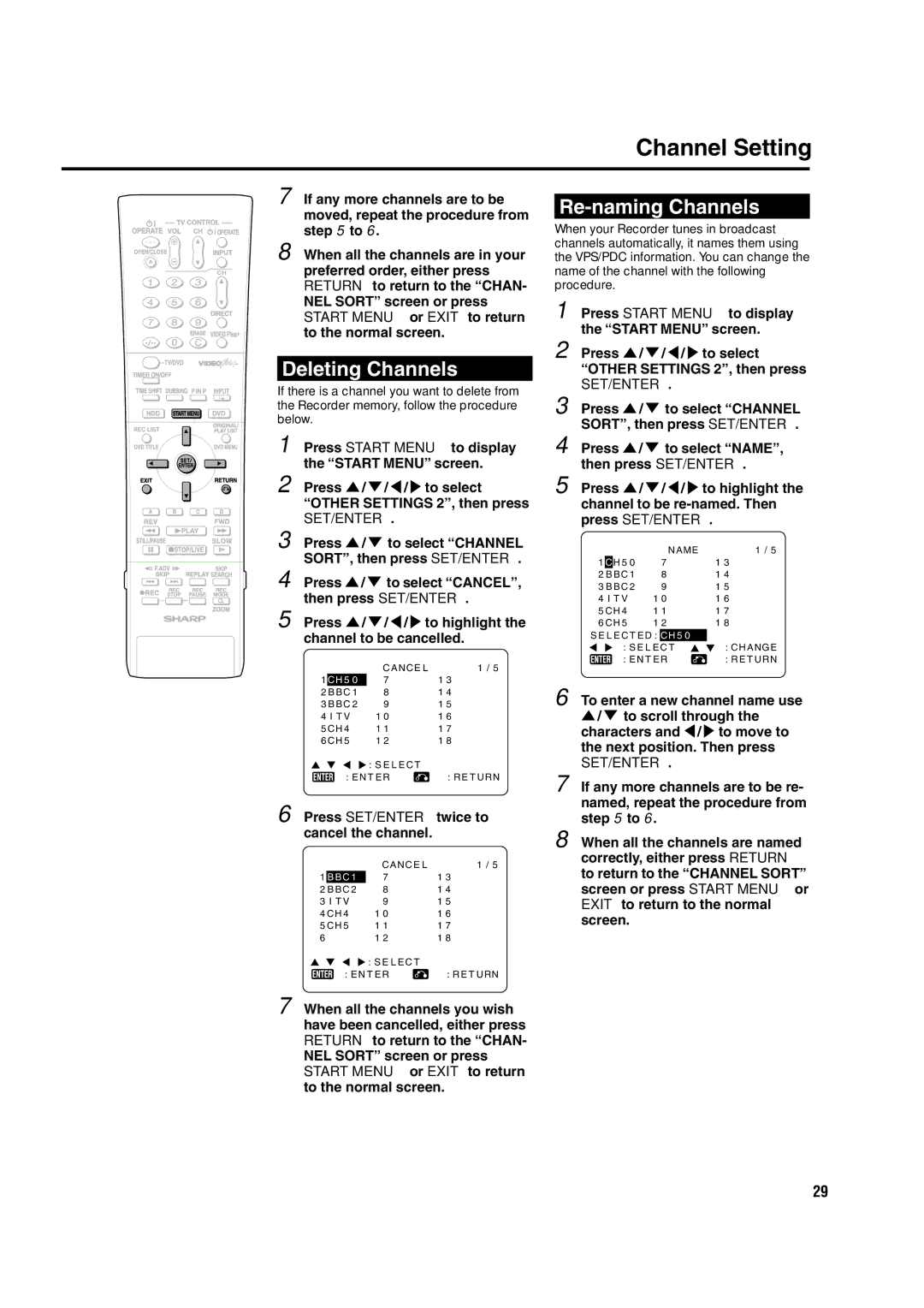 Sharp DV-HR300H, DV-HR350H operation manual Channel Setting, Deleting Channels, Re-naming Channels, To the normal screen 