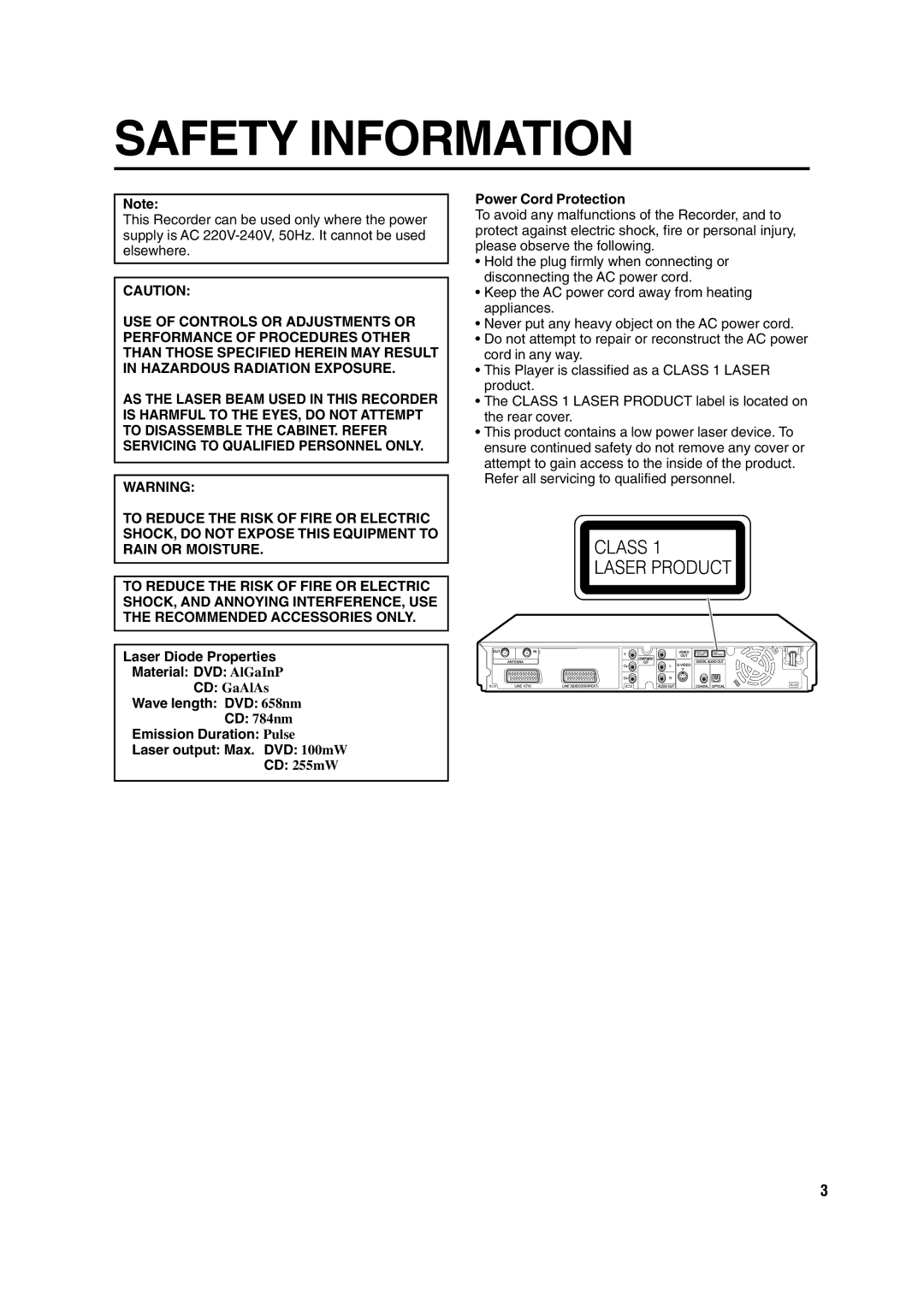 Sharp DV-HR300H, DV-HR350H Laser Diode Properties Material DVD AlGaInP, Wave length DVD 658nm, Power Cord Protection 