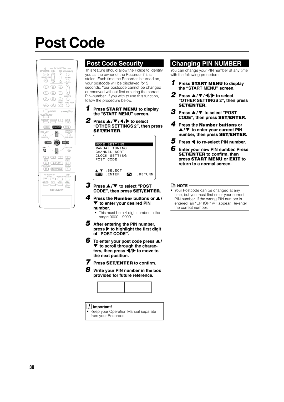 Sharp DV-HR350H, DV-HR300H Post Code Security, Changing PIN Number, This must be a 4 digit number in the range 0000 