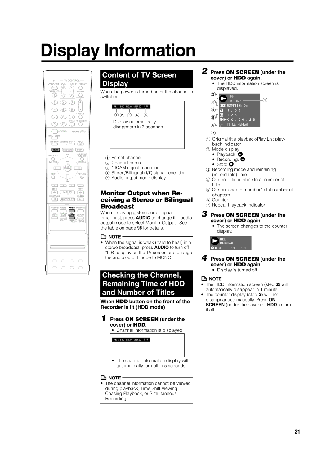 Sharp DV-HR300H, DV-HR350H Display Information, Content of TV Screen Display, Press on Screen under the cover or HDD again 