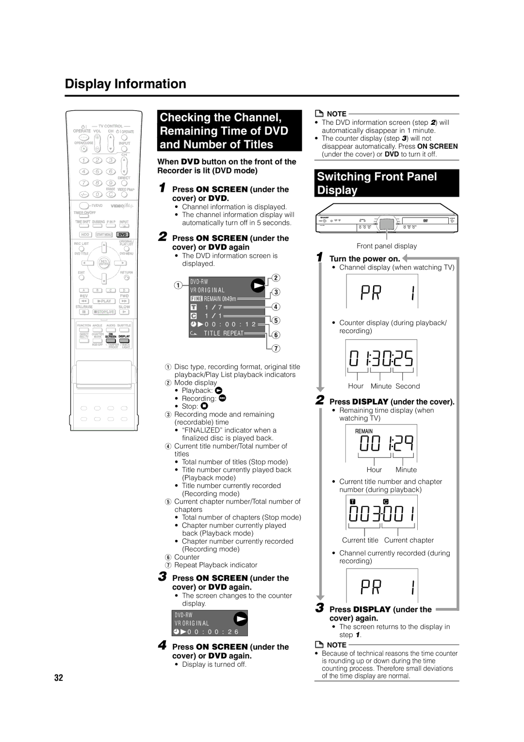 Sharp DV-HR350H, DV-HR300H operation manual Display Information, Checking the Channel Remaining Time of DVD Number of Titles 