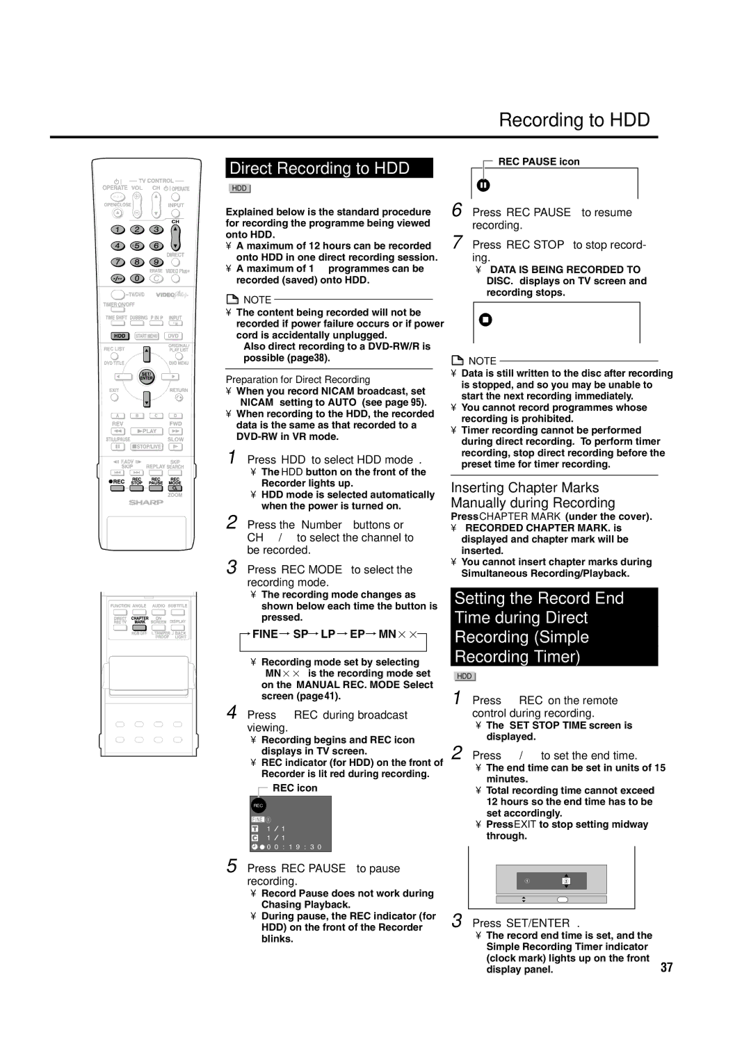 Sharp DV-HR300H, DV-HR350H operation manual Direct Recording to HDD, Inserting Chapter Marks Manually during Recording 