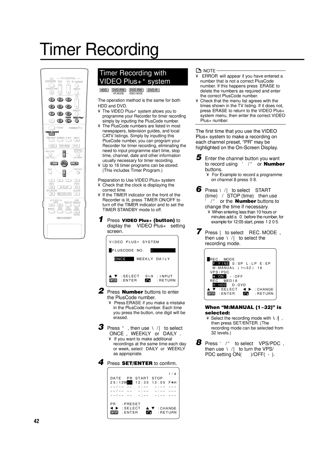 Sharp DV-HR350H, DV-HR300H Timer Recording with Video Plus+ system, Press Number buttons to enter the PlusCode number 