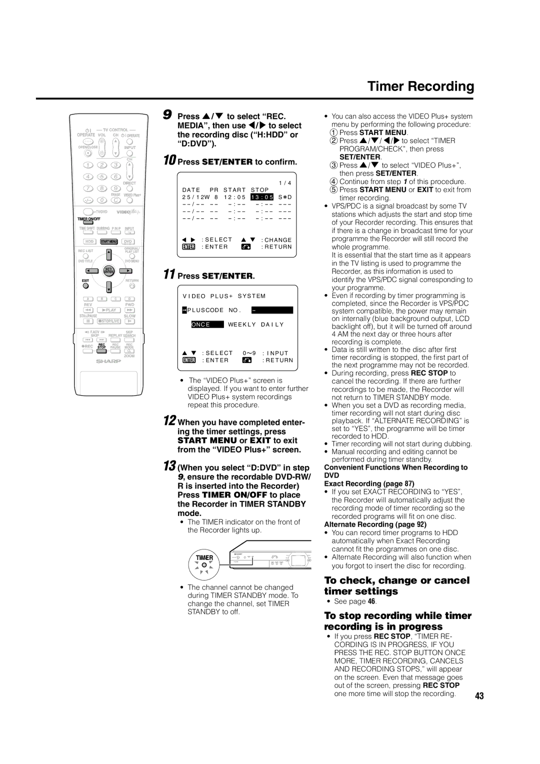 Sharp DV-HR300H, DV-HR350H operation manual Timer Recording, To check, change or cancel timer settings 