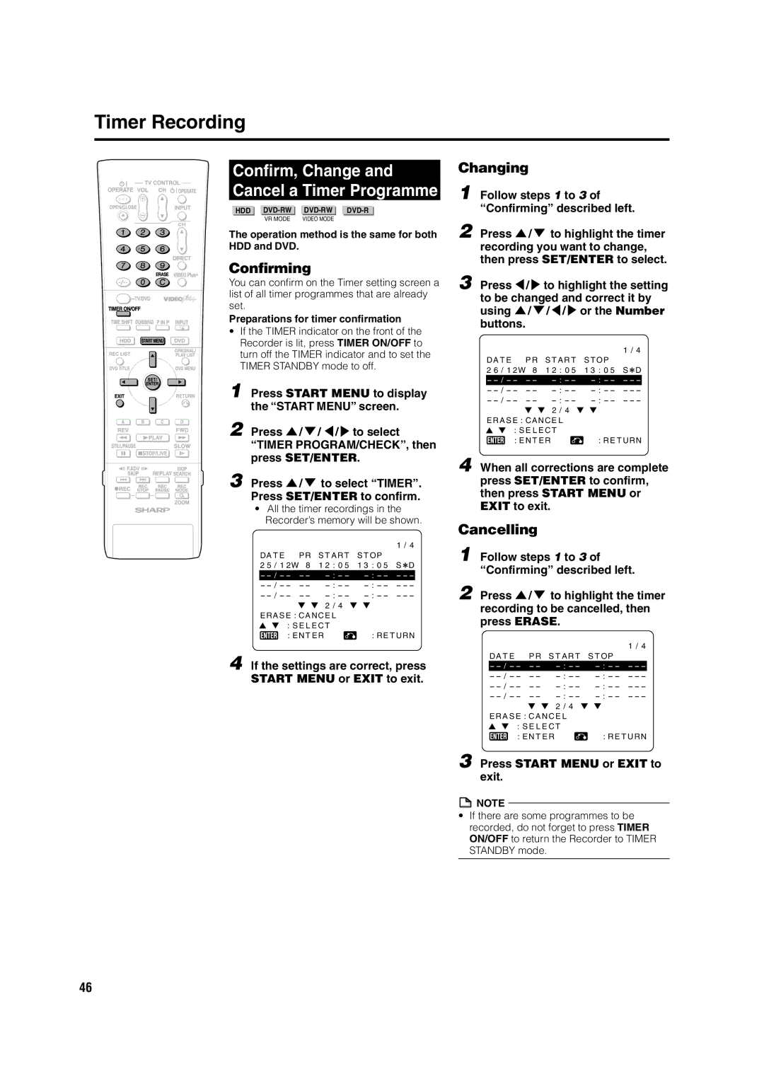 Sharp DV-HR350H, DV-HR300H operation manual Confirm, Change Cancel a Timer Programme, Confirming, Changing, Cancelling 