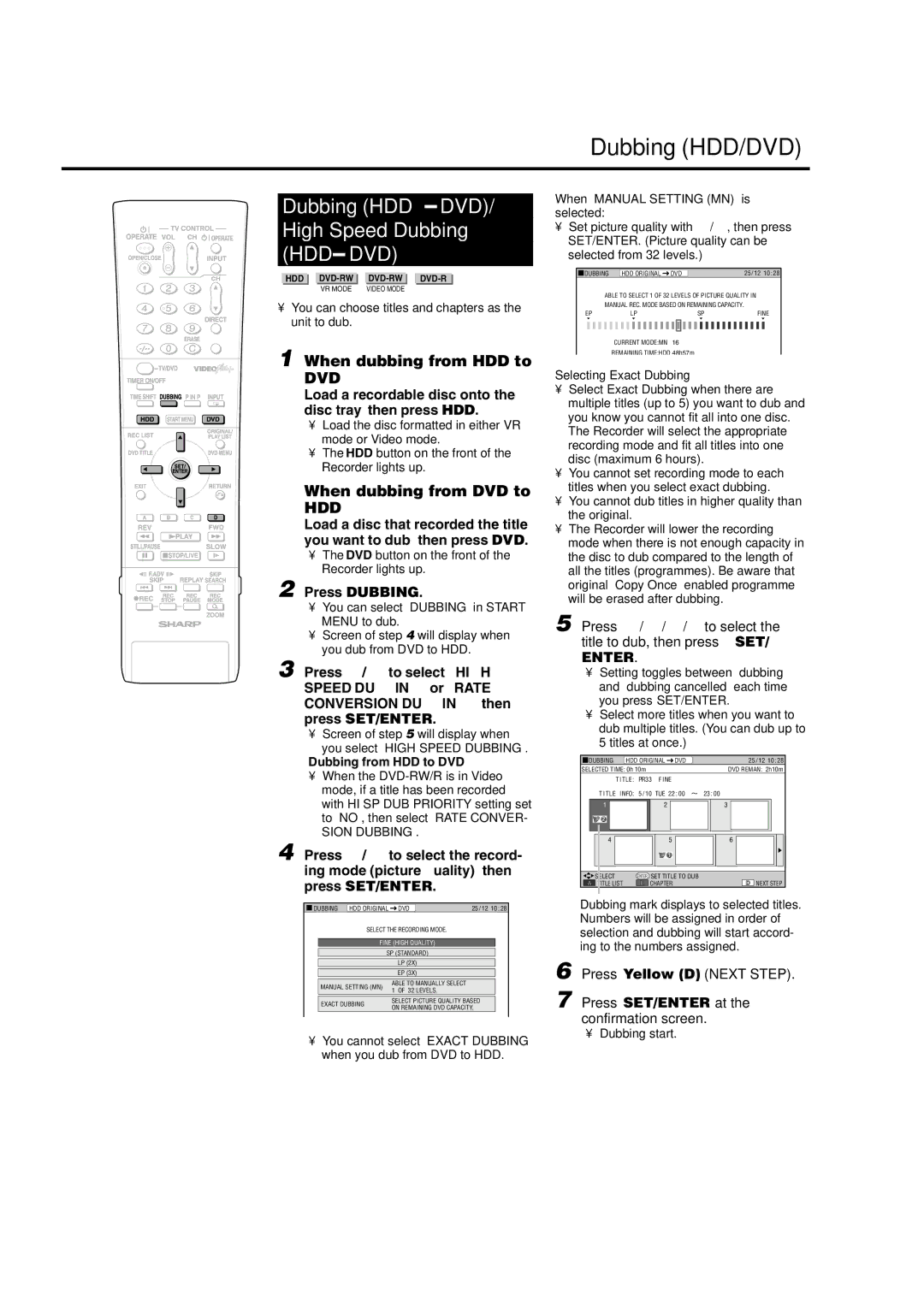 Sharp DV-HR300H, DV-HR350H Dubbing HDD↔DVD High Speed Dubbing, Hdd→Dvd, When dubbing from HDD to, When dubbing from DVD to 