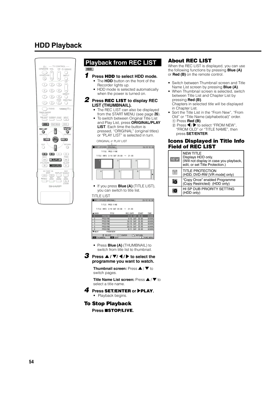 Sharp DV-HR350H, DV-HR300H operation manual HDD Playback, Playback from REC List, To Stop Playback, About REC List 