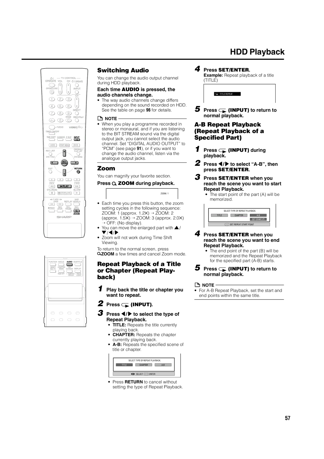 Sharp DV-HR300H, DV-HR350H operation manual Switching Audio, Zoom, Repeat Playback of a Title or Chapter Repeat Play- back 