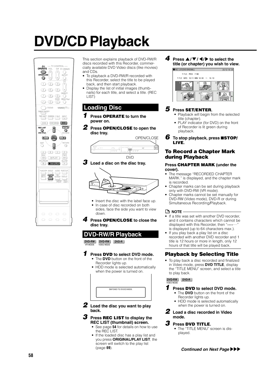 Sharp DV-HR350H DVD/CD Playback, DVD-RW/R Playback, To Record a Chapter Mark during Playback, Playback by Selecting Title 