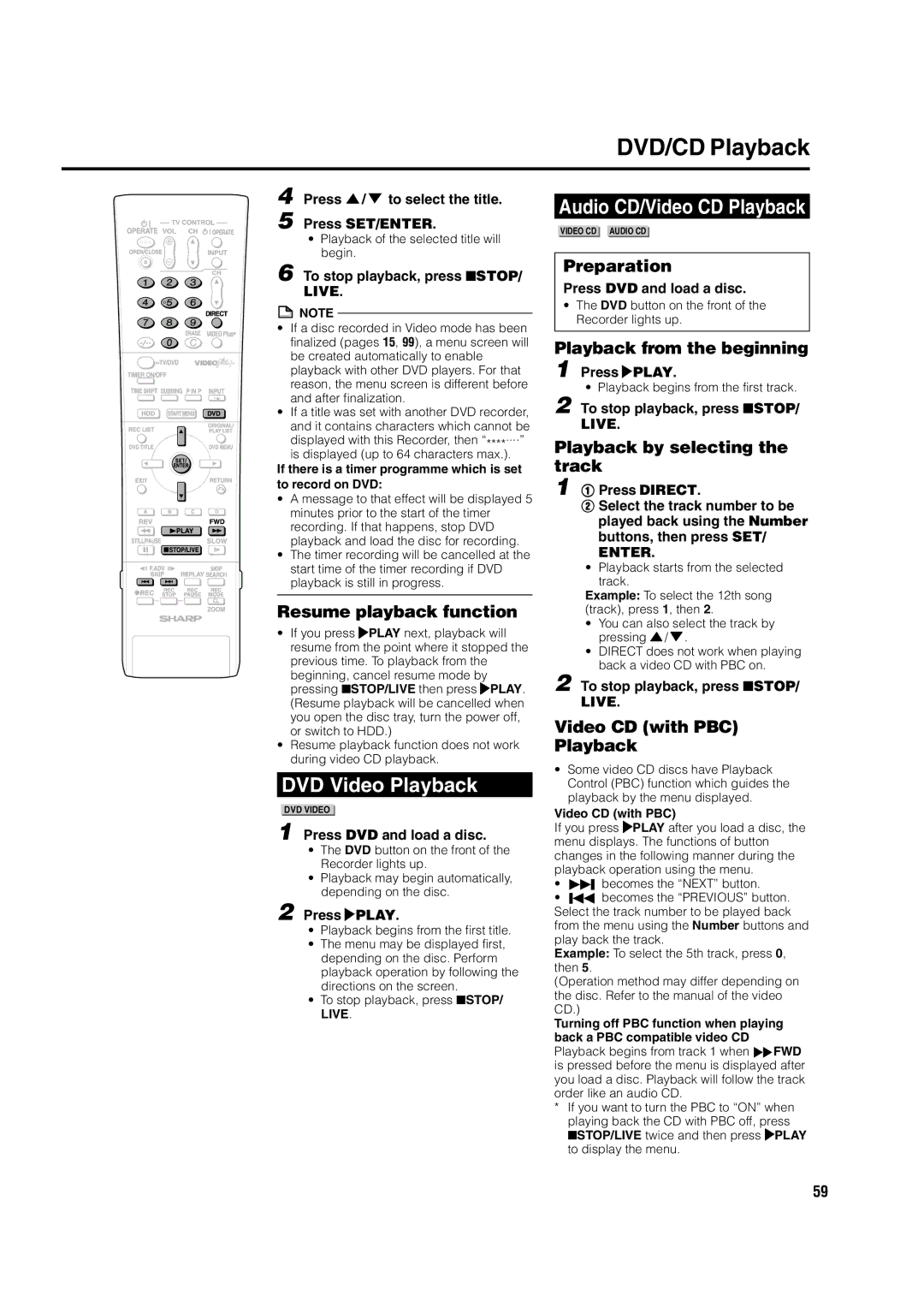 Sharp DV-HR300H, DV-HR350H operation manual DVD/CD Playback, DVD Video Playback, Audio CD/Video CD Playback 