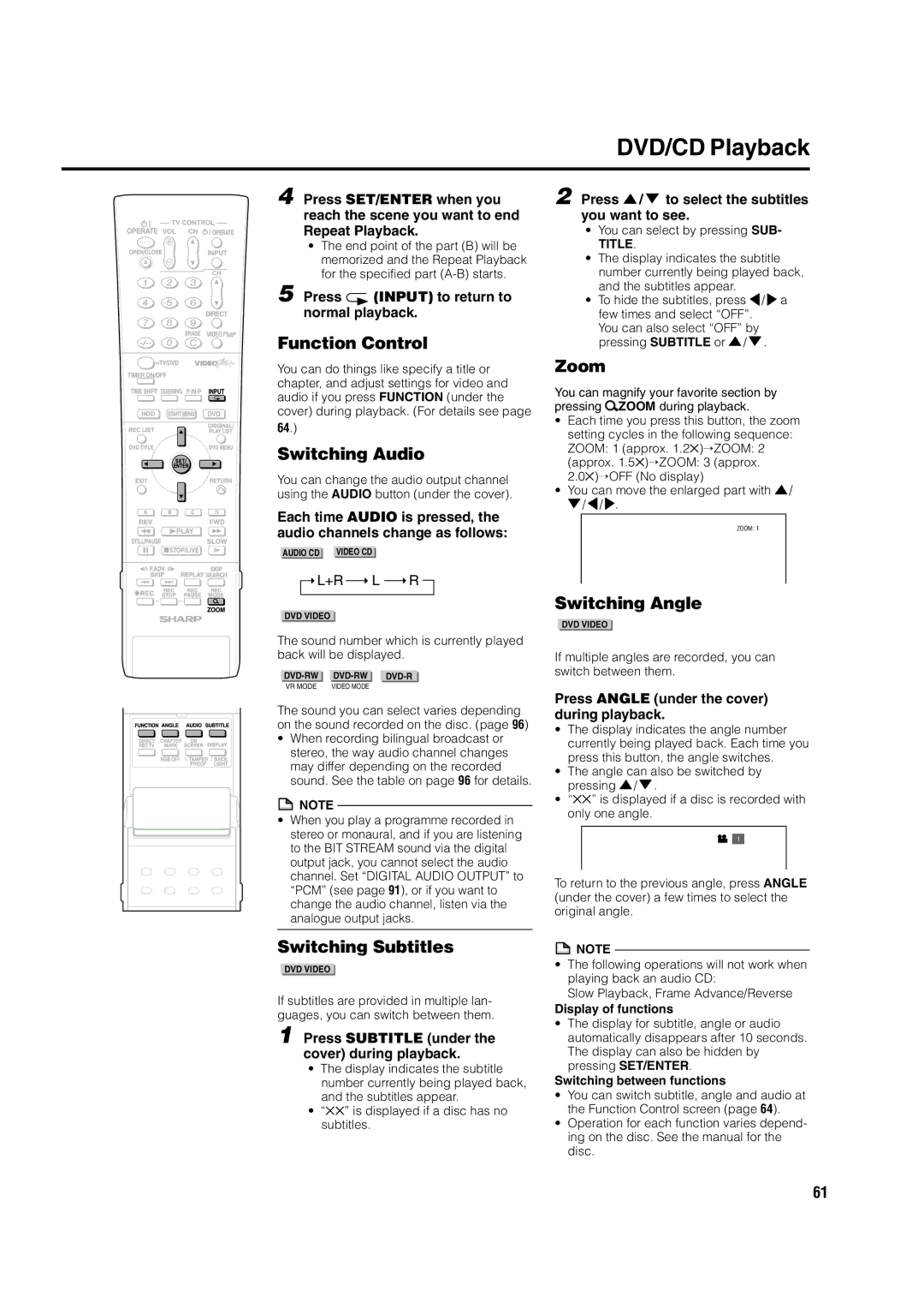 Sharp DV-HR300H, DV-HR350H operation manual Function Control, Switching Subtitles, Switching Angle 