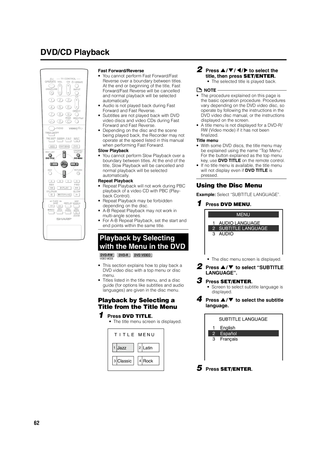 Sharp DV-HR350H Playback by Selecting With the Menu in the DVD, Playback by Selecting a Title from the Title Menu 