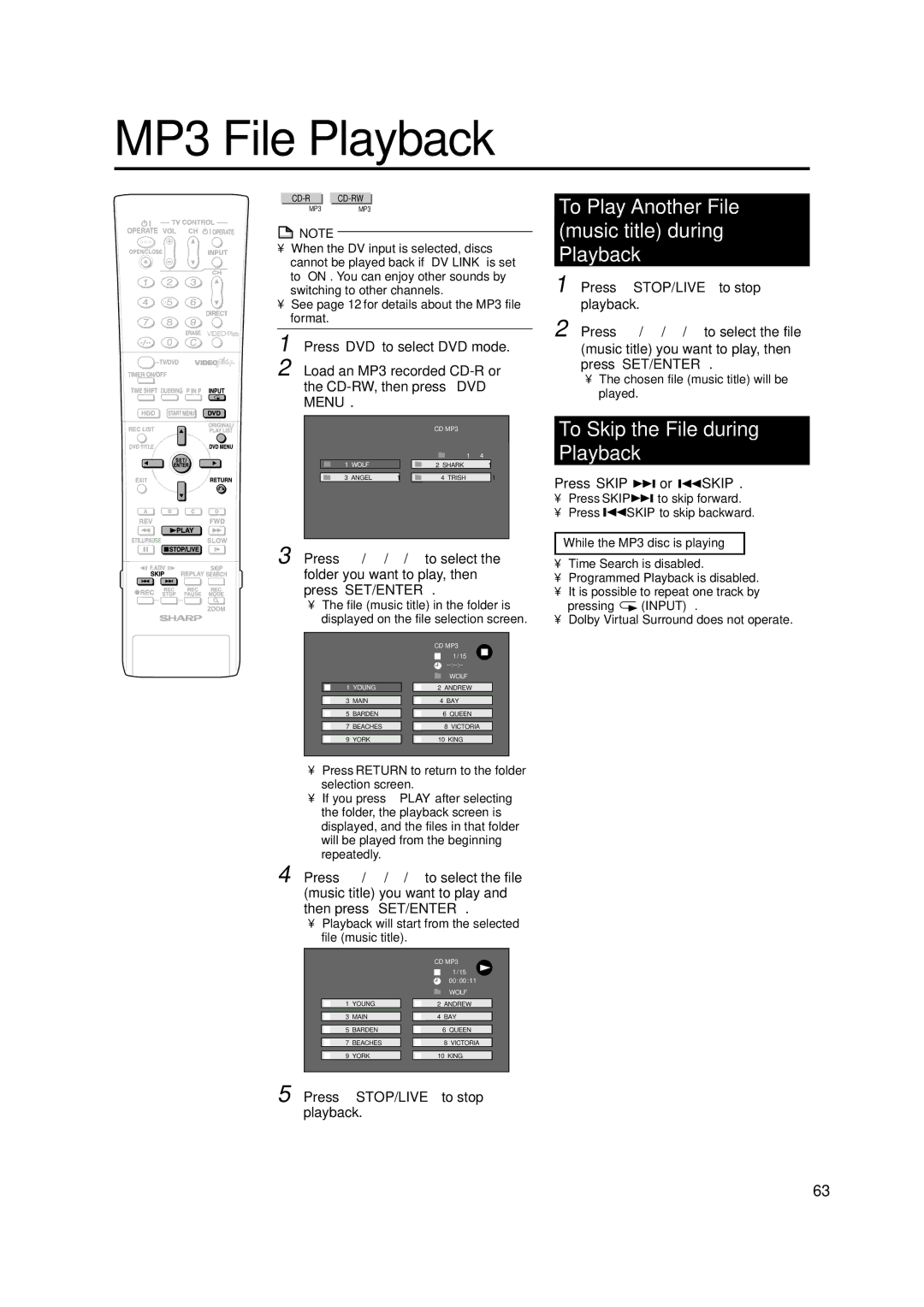 Sharp DV-HR300H MP3 File Playback, To Play Another File music title during Playback, To Skip the File during Playback 