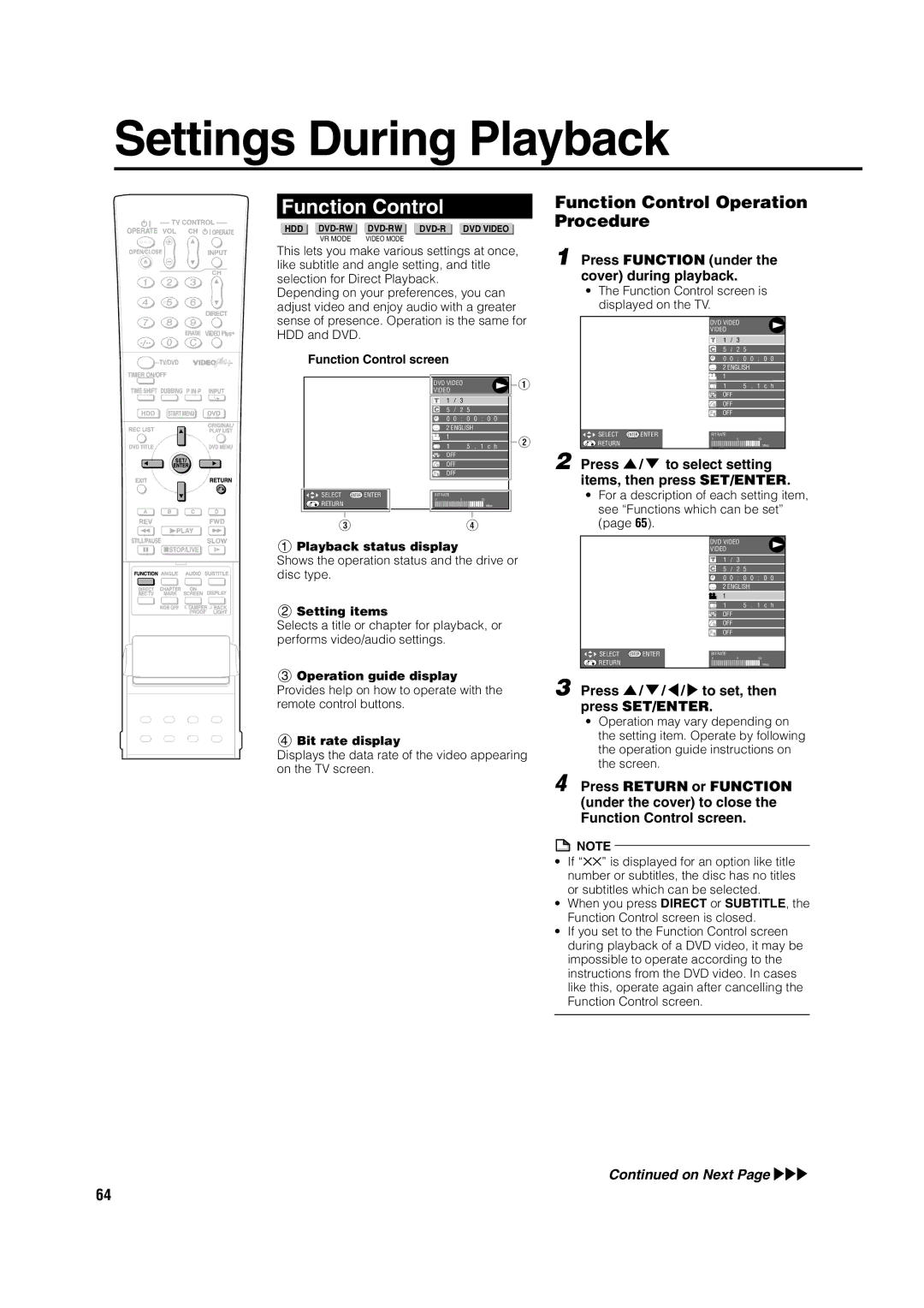 Sharp DV-HR350H, DV-HR300H operation manual Settings During Playback, Function Control Operation, Procedure 