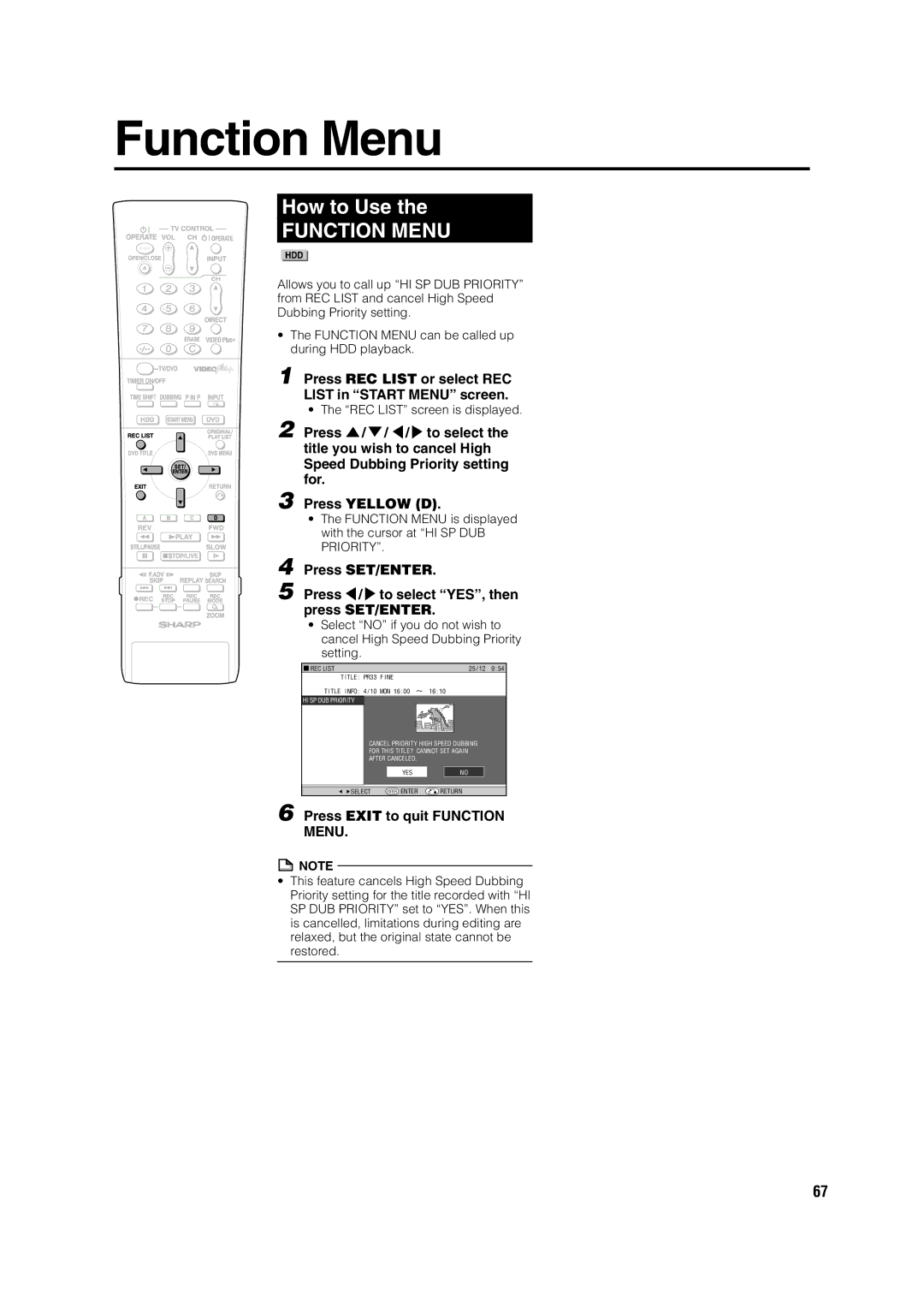 Sharp DV-HR300H, DV-HR350H Function Menu, How to Use, Press REC List or select REC List in Start Menu screen 