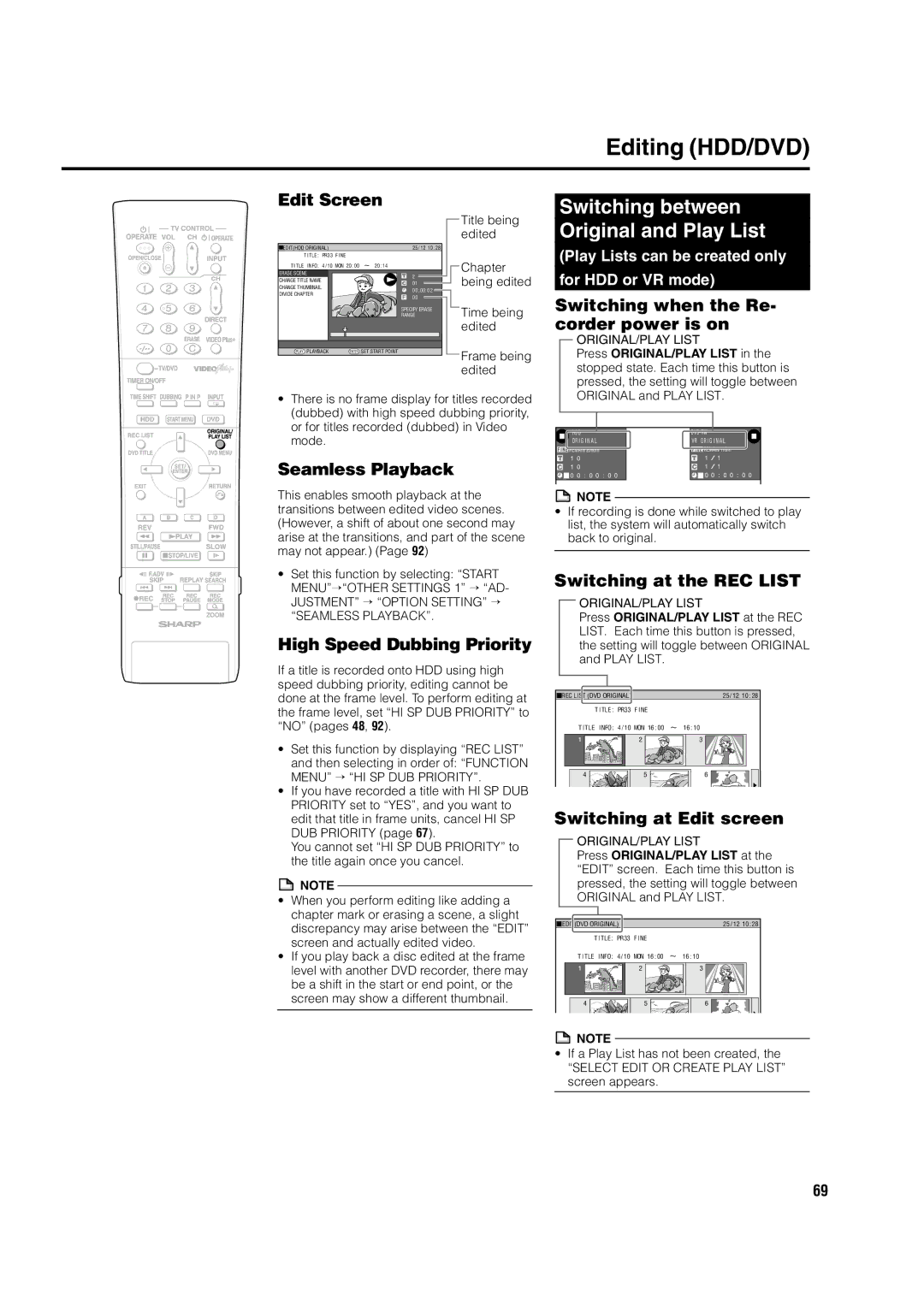 Sharp DV-HR300H, DV-HR350H operation manual Editing HDD/DVD, Switching between, Original and Play List 